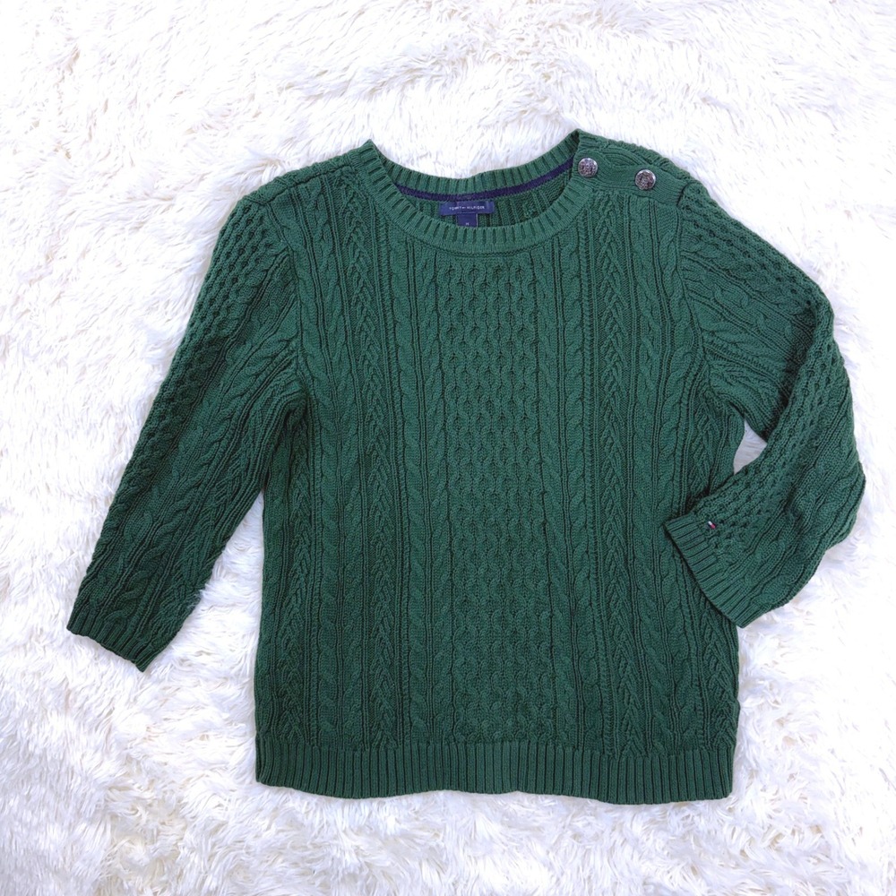 Tommy Hilfiger Sweater Womens M Green Cable Knit Button Shoulder 3/4 Sleeve